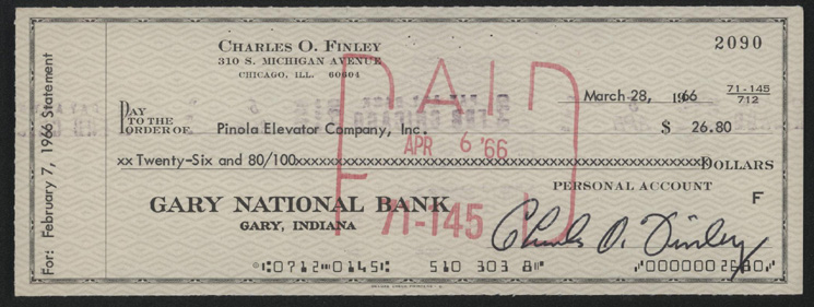 Charles O Finley Signed Cancelled Check 1966